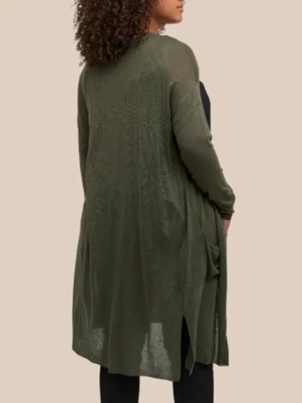 Kaffe Lightweight Long Sandra Open Cardigan In Olive Green - Picture 6 of 6